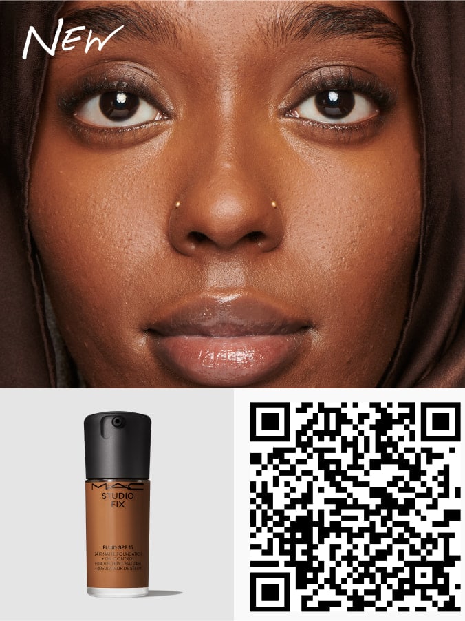 QR code and model's face for STUDIO FIX FLUID SPF 15.