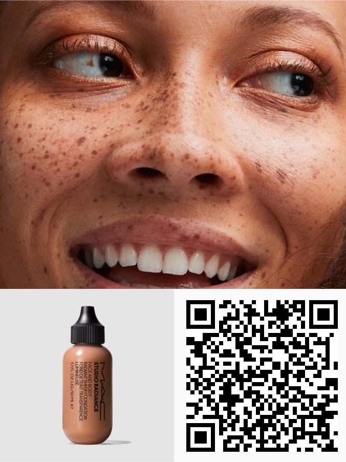 QR code and model's face for STUDIO RADIANCE FACE AND BODY RADIANT SHEER FOUNDATION.