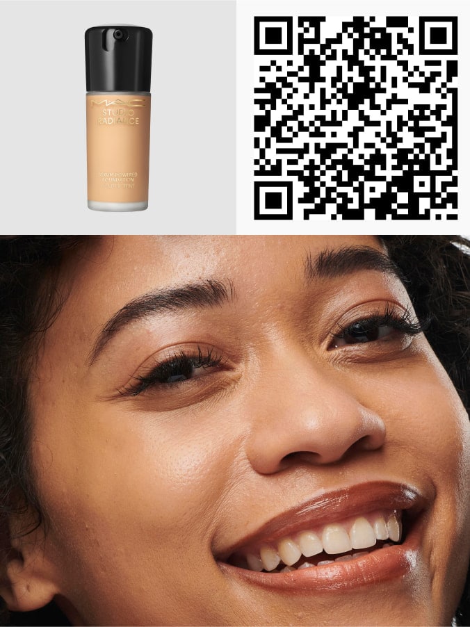 QR code and model's face for STUDIO RADIANCE SERUM-POWERED™ FOUNDATION.